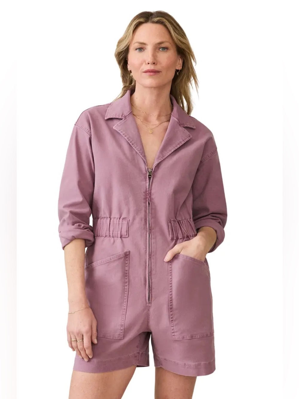Faherty Sunwashed Canvas Romper in weathered orchid